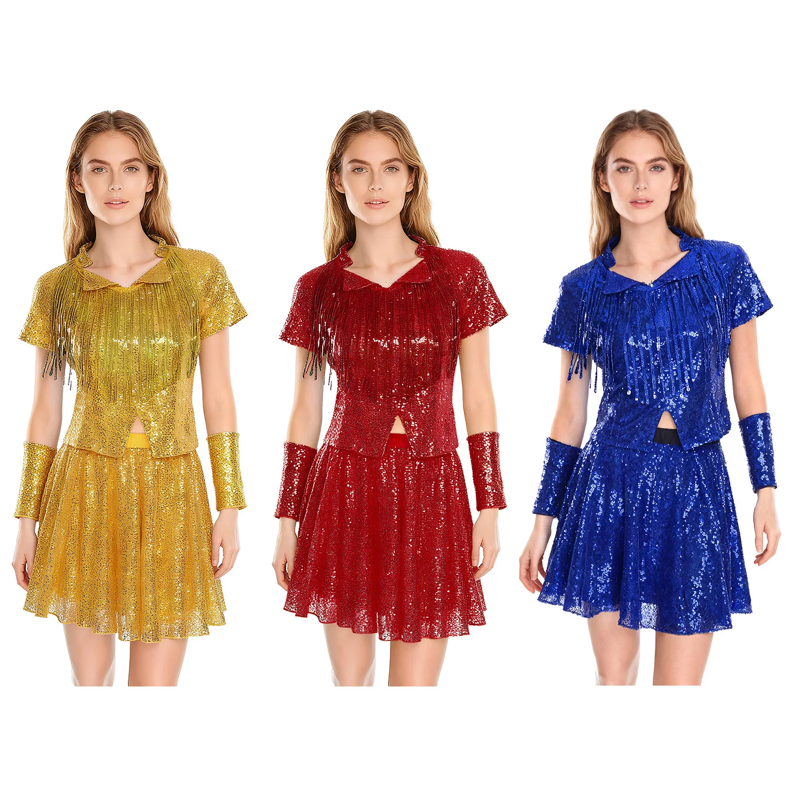 여성 치어리딩 댄스 의상 세트 반팔 태슬 티셔츠 탑+장갑+플리츠 미니 스커트 디스코 재즈 댄스 클럽웨어