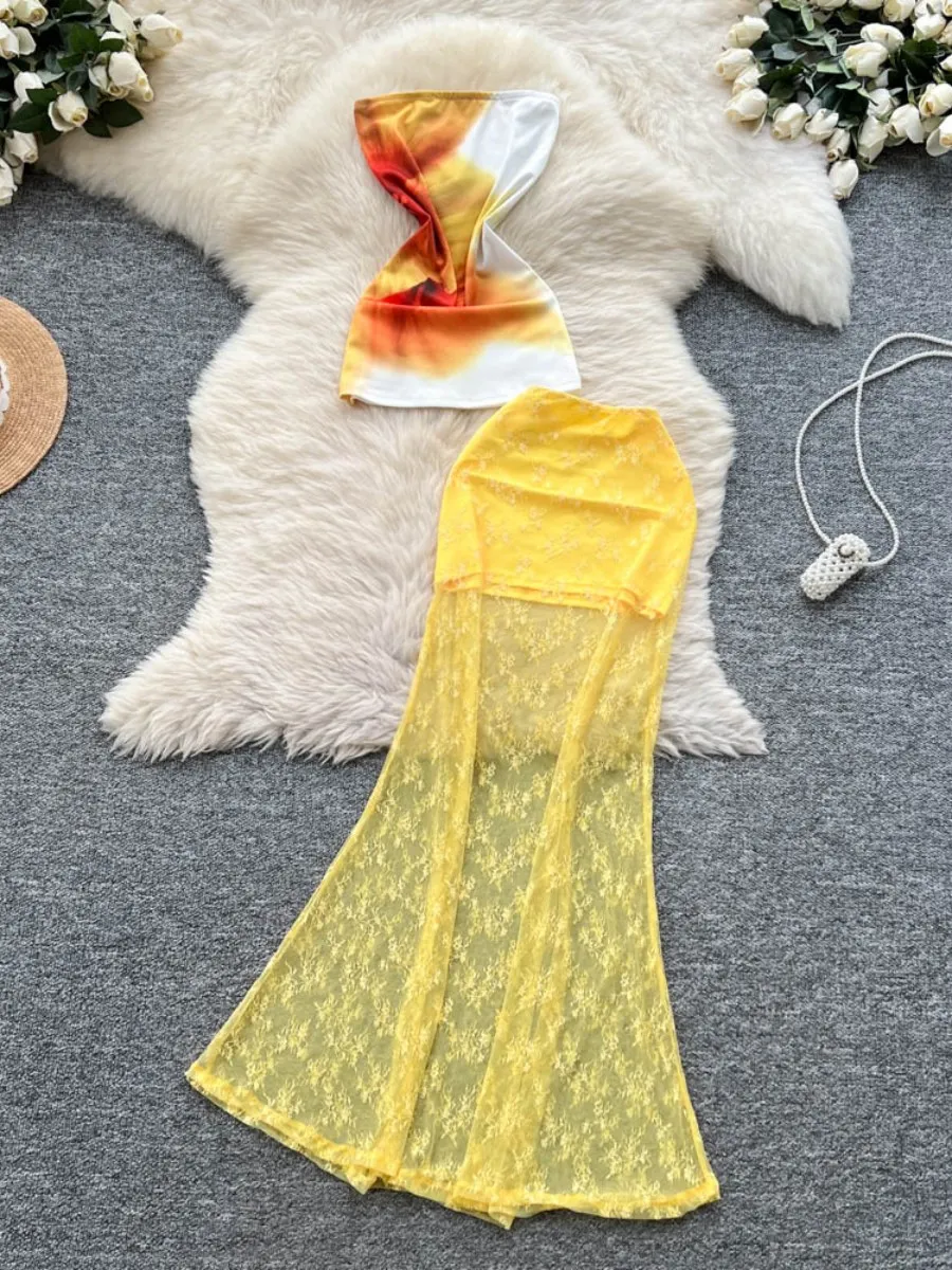 

Foamlina Slimming Printed Bandeau Top & High Waist Bodycon Lace Skirt Set for Women Summer Holiday Vacation High Street Set