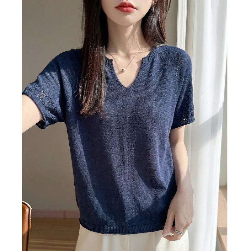 First-line ready-made Tencel linen V-neck short-sleeved cashmere sweater feminine hollow thin T-shirt