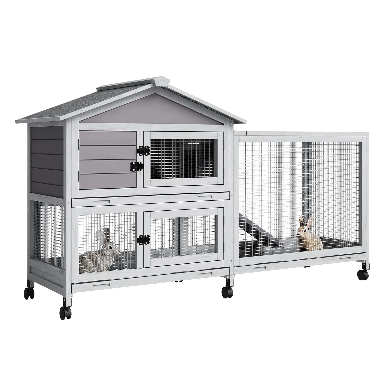 Wooden Rabbit Hutch, Bunny Cage with Wheels, Rabbit Cage with Chew-Proof Ramp and Pull Out Tray, Small Rabbir House for