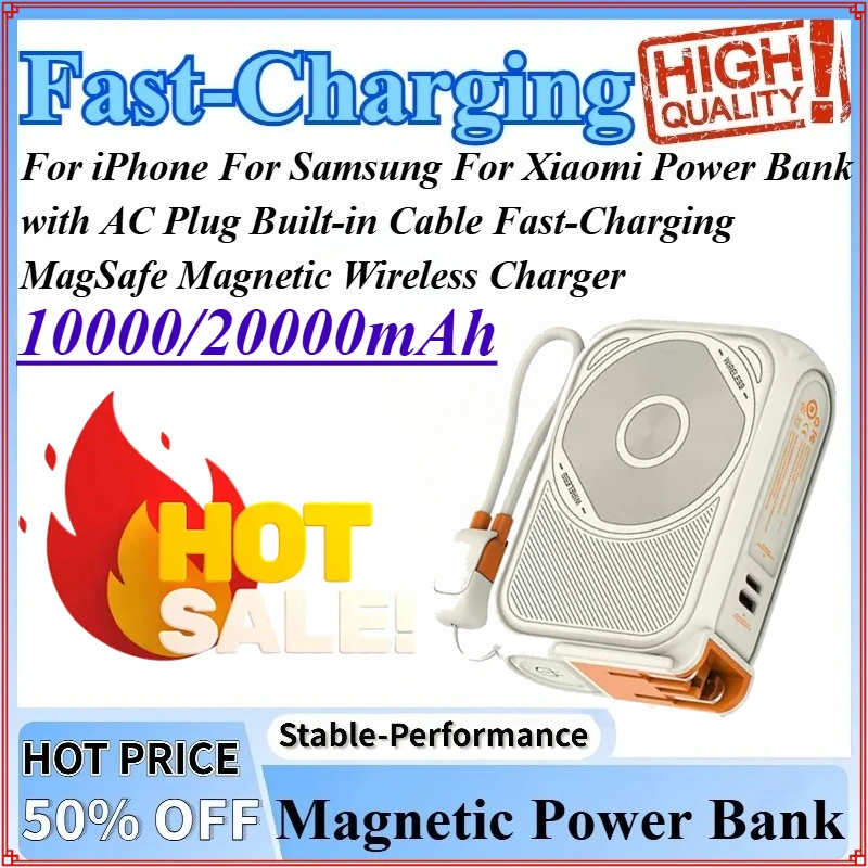 10/20Ah Power Bank with AC Plug Built-in Cable Fast-Charging MagSafe Magnetic Wireless Charger For iPhone For Samsung For Xiaomi