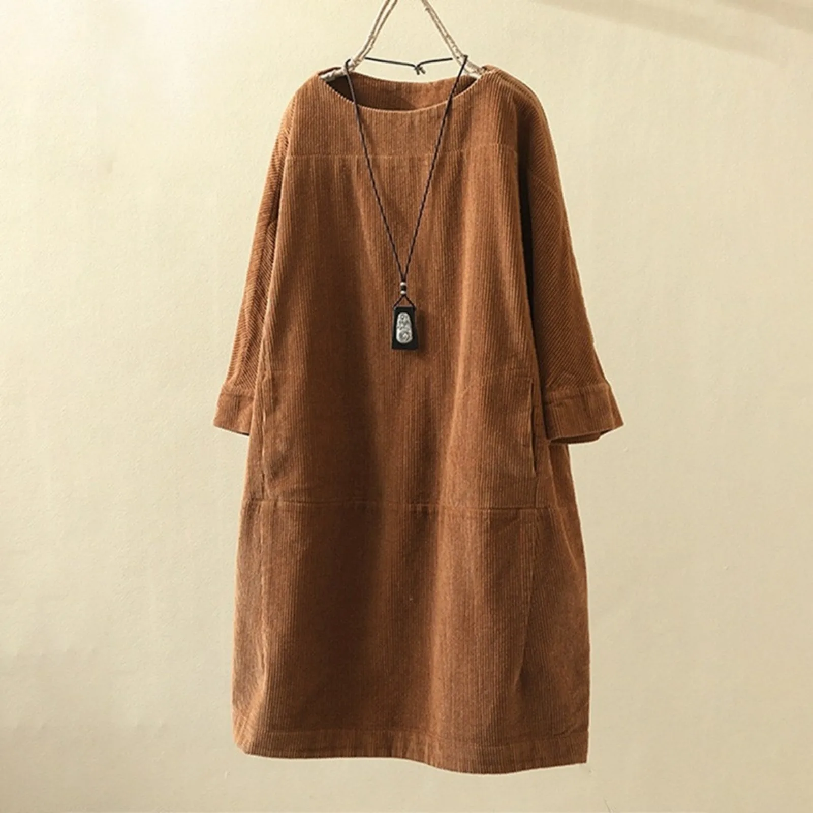 

Women's Oversize Tunic Dress Corduroy Solid Color Casual Loose Women Midi Dress Autumn Winter Warm Long Sleeve Tops with Pocket