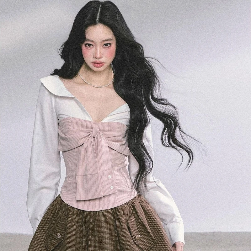 Deeptown Pink Striped Women Shirts Elegant Lace Up Long Sleeve Fake Two-piece Blouses Sweet Korean Fashion Slim Preppy Casual