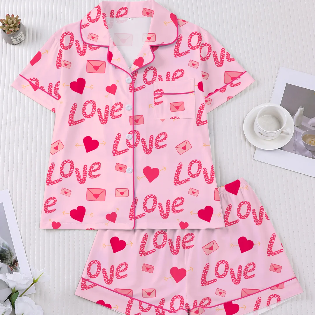 

Милая розовая женская пижама с конвертом и лацканами с принтом сердца, короткими рукавами и шортами, брюками, комплект домашней одежды, подарки на День святого Валентина