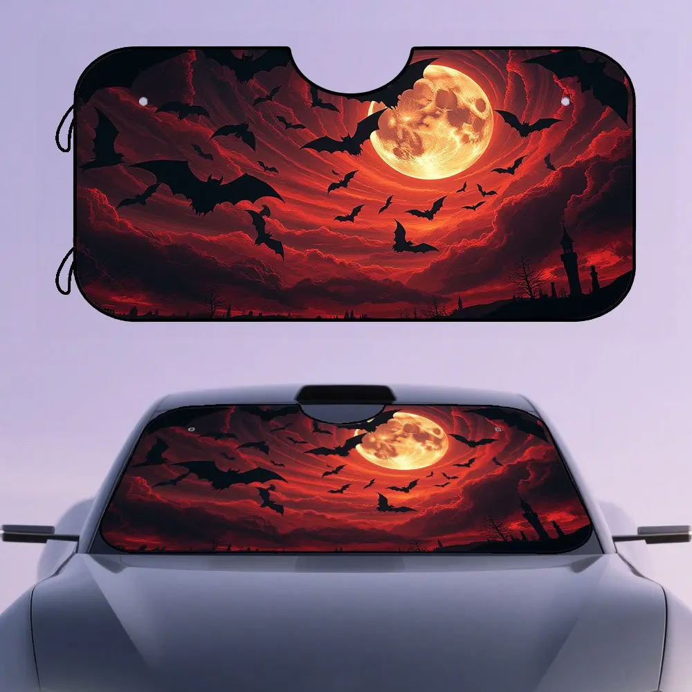 1pc Halloween Car Window Shade - Spooky Red Moon & Bats Sunshade, Fit Windshield Sunshade For Cars, Trucks, SUVs - Easy Hook Ins