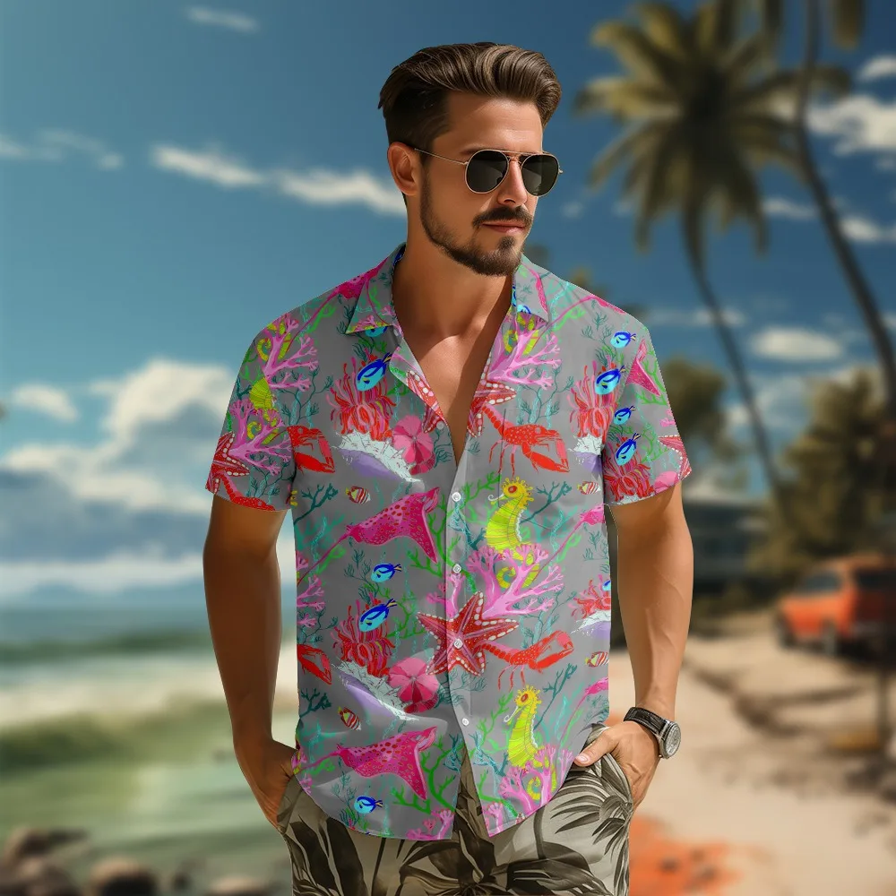 Kleurrijke casual herenoverhemden met korte mouwen, button-down strandzomershirt, Hawaiiaanse bloemenoverhemden, katoenen overhemd voor tropische vakantie