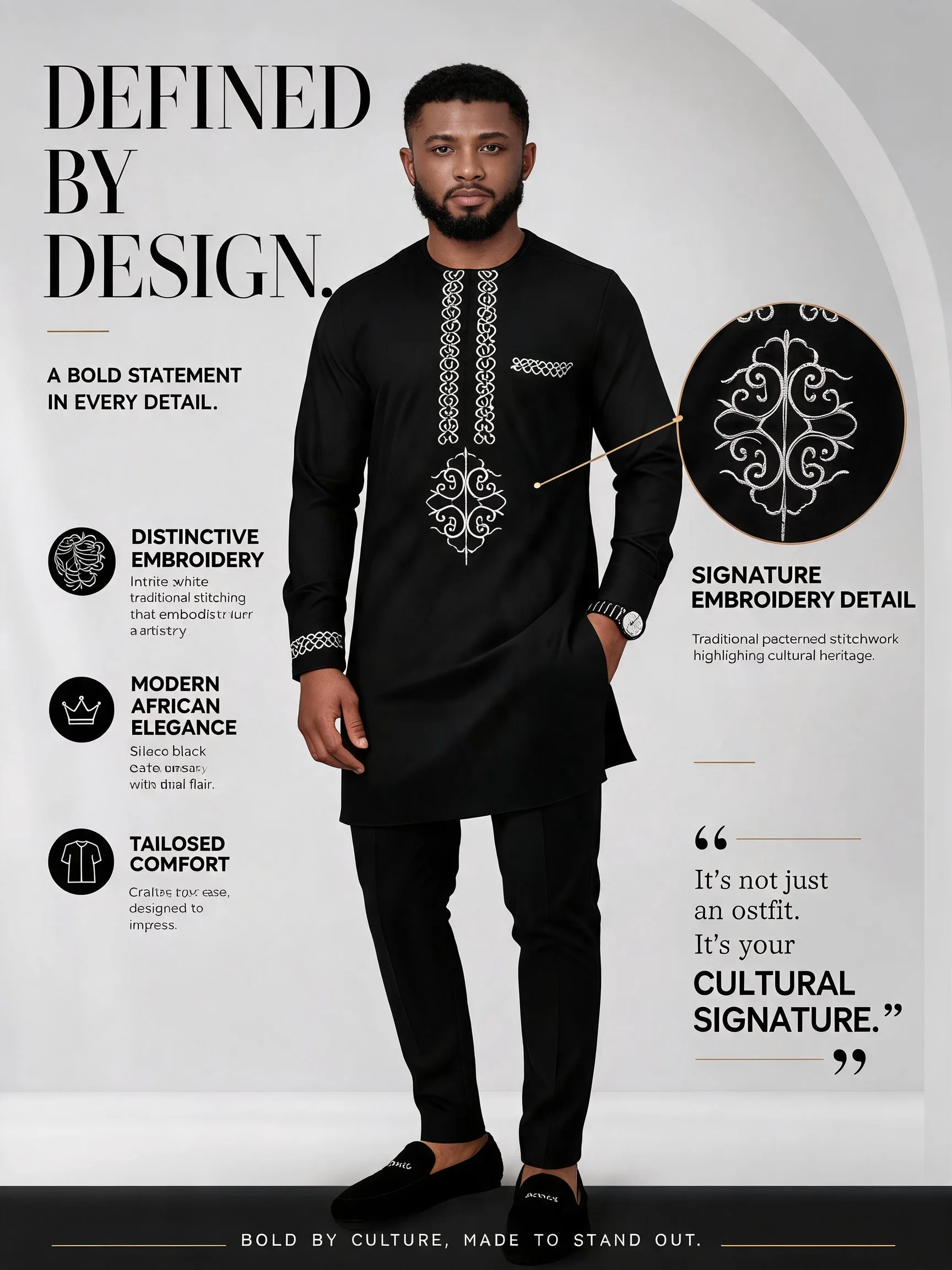 Men African 2‑Piece Outfit Black White Tribal Embroidery Round Neck Long Sleeve Tunic Top Pants Set Wedding Party Formal Wear