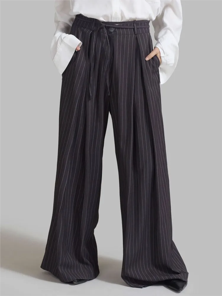 Street Striped Trousers Loose Drapey Spring Casual Pocket Suit Pants Lace-up High-waisted Trousers For Women Pantalones De Mujer