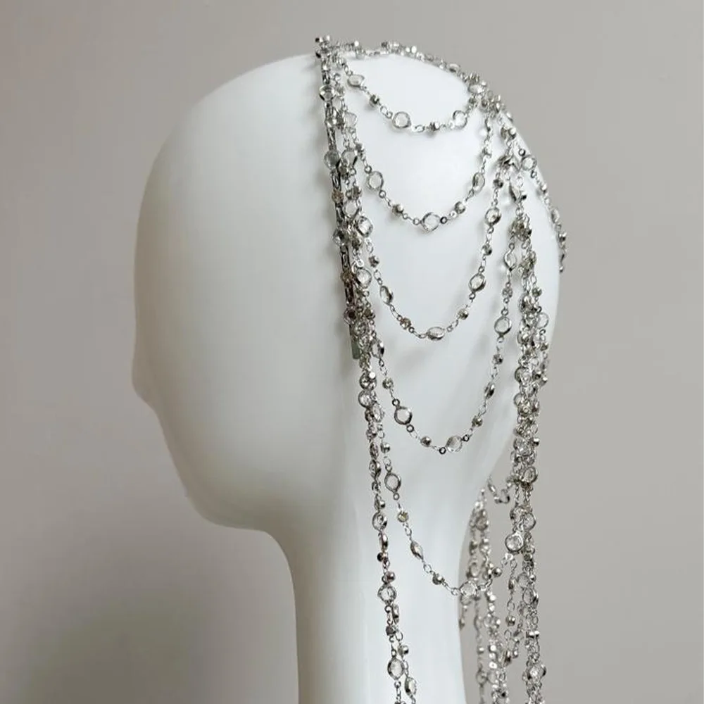 الرجعية حجر الراين شبكة خوذة الزفاف رئيس سلسلة مجوهرات للنساء الفاخرة كريستال عقال غطاء رأس قبعة إكسسوارات الشعر #2