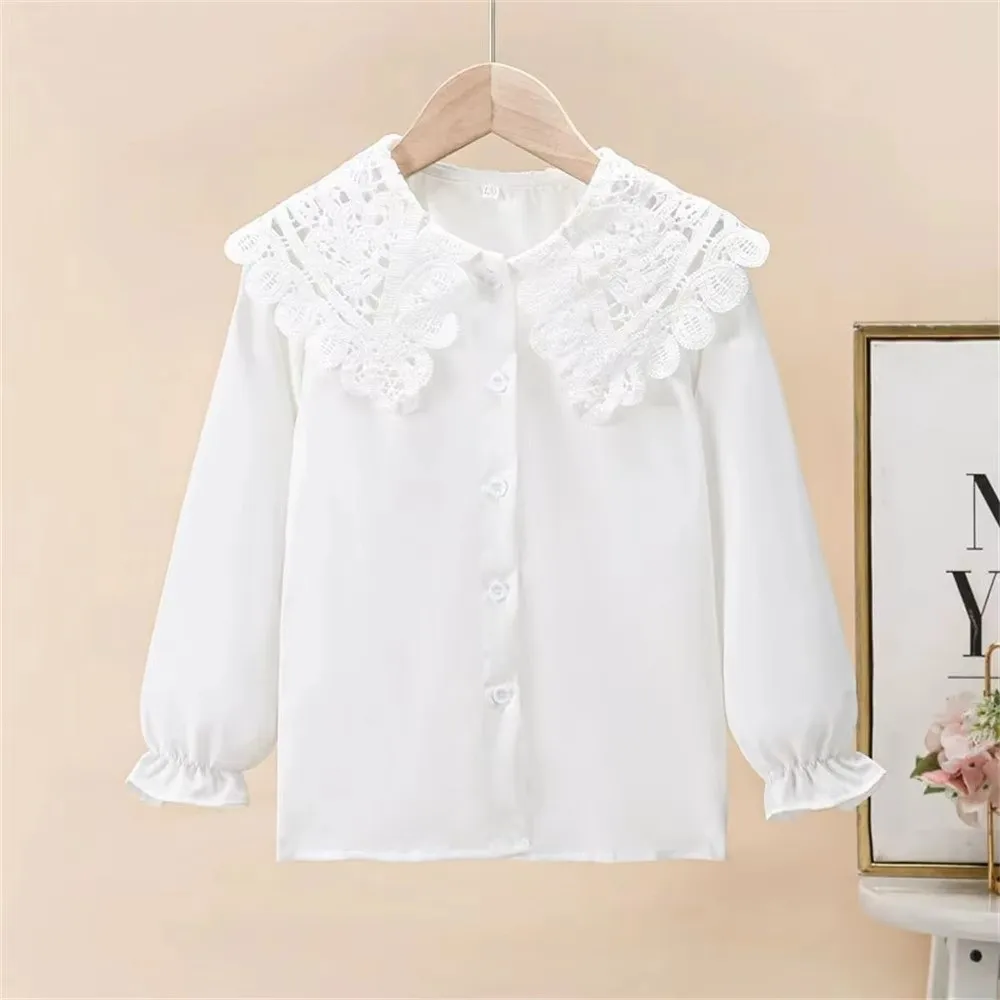 Lace Embroidery Long Sleeve Blouse Solid Color White Hollow Out Collar Cotton Shirt Top 1-6Y Size Long Sleeved Lace Collar Shirt