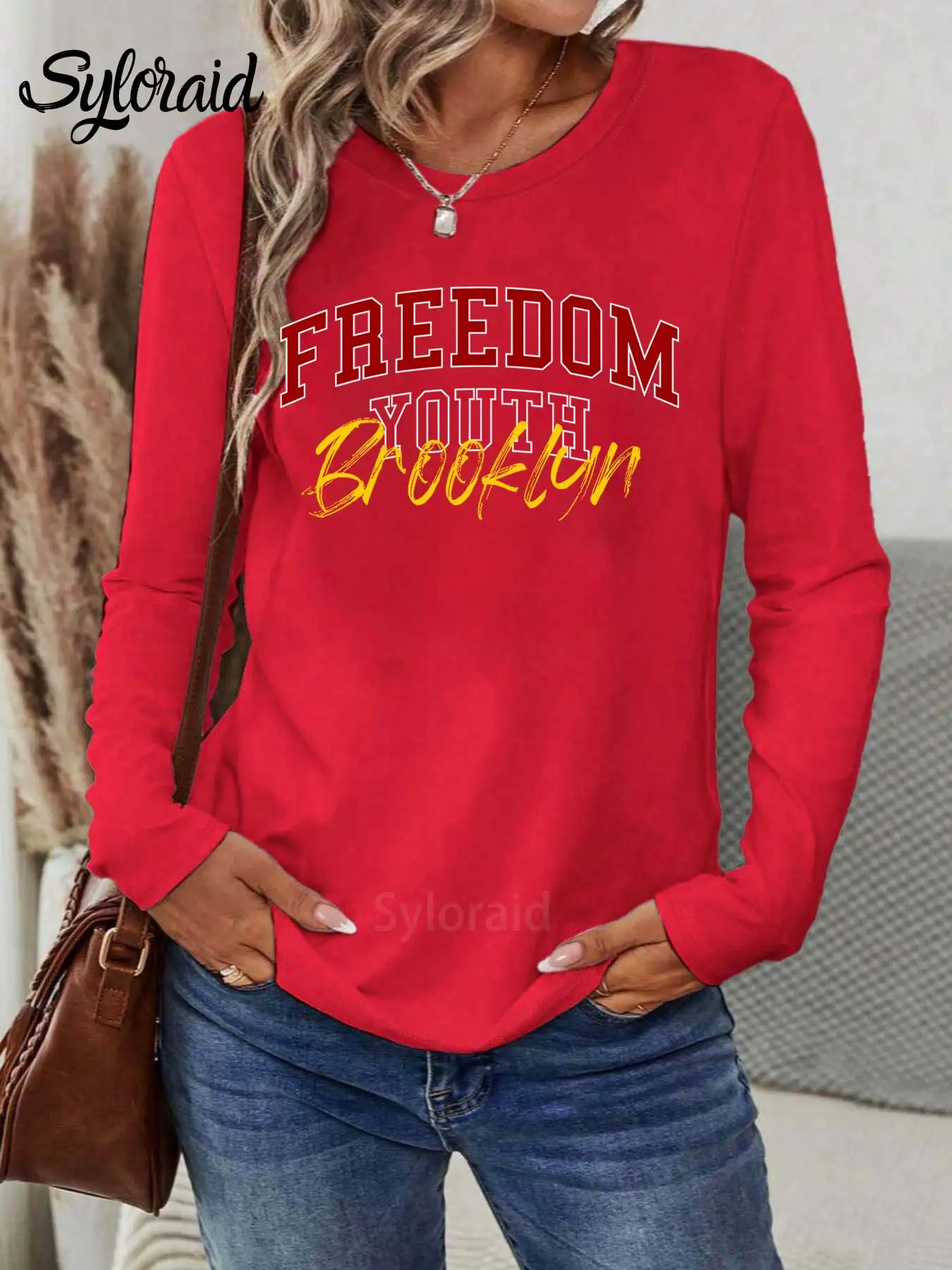 Dames T-shirt met lange mouwen "Freedom Youth Bro-oklyn" Print T-shirt Mode Casual top met ronde hals