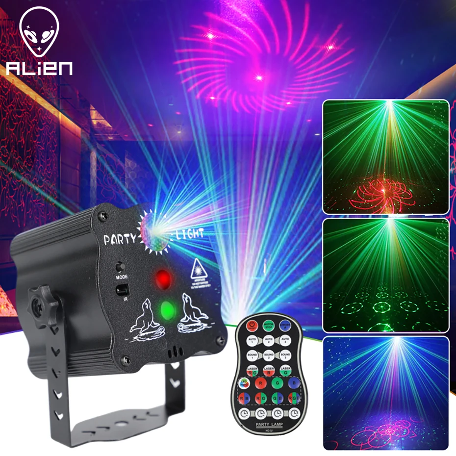 ALIEN RGB Mini DJ disko lazer ışığı projektör USB şarj edilebilir LED lamba UV ses Strobe sahne etkisi düğün noel tatil parti lambası