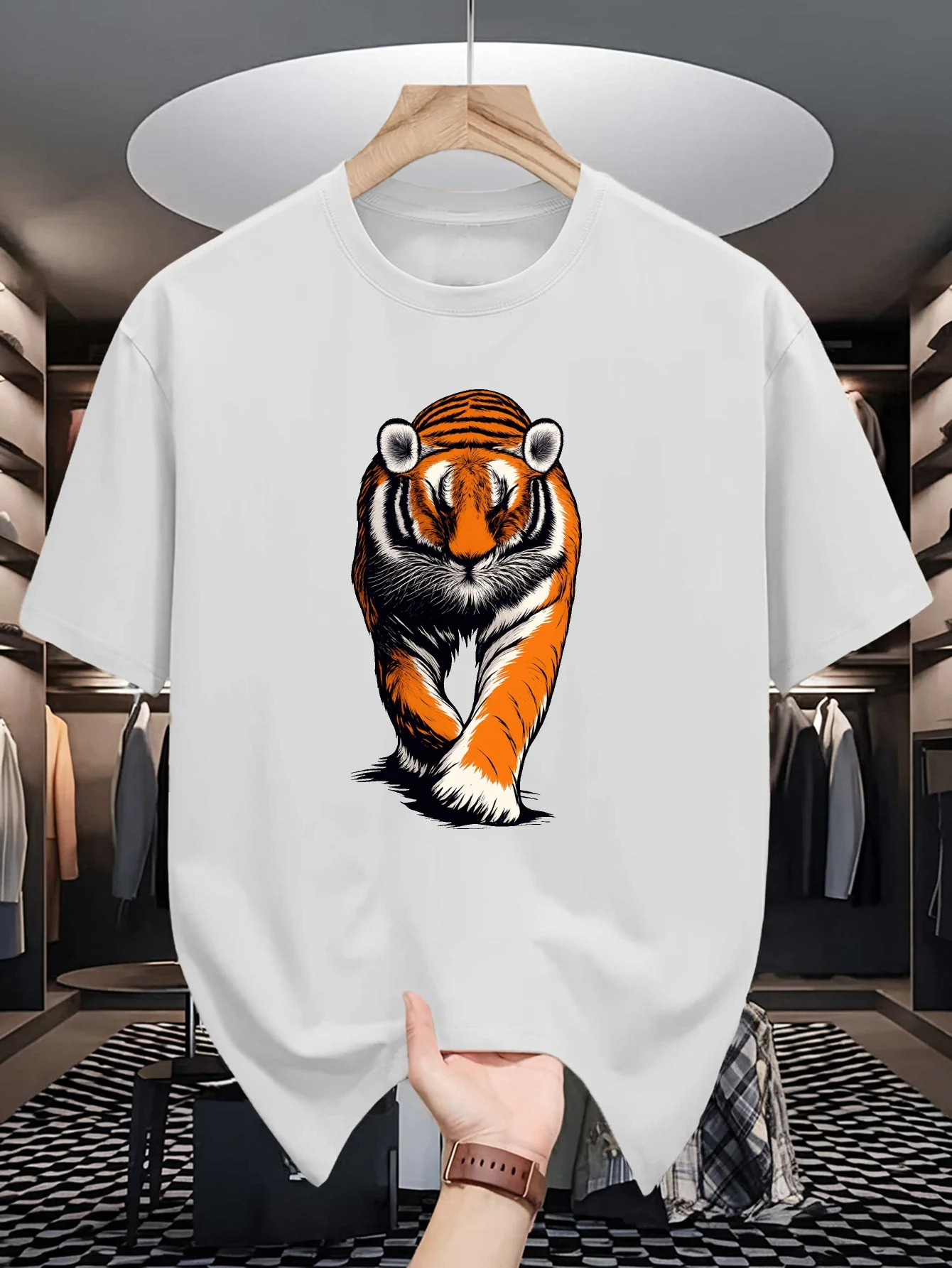 Walking Tiger Print Mens Crew Neck T Shirt Retro Wild Tiger Sketch Animal Graphic Short Sleeve Casual Cotton Trendy Street Tees