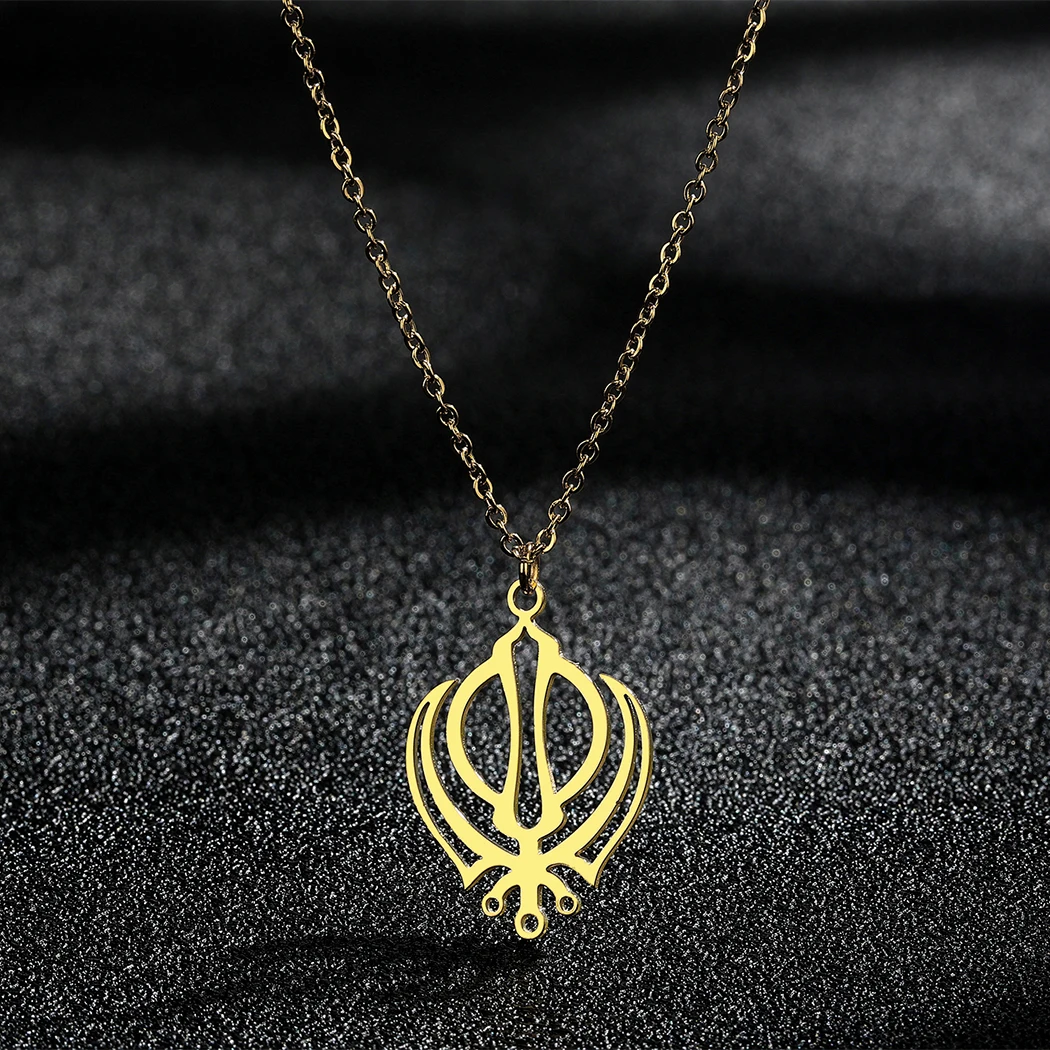 Stainless Steel Hollow Out Khanda Gold Plated Pendant Necklace For Women
