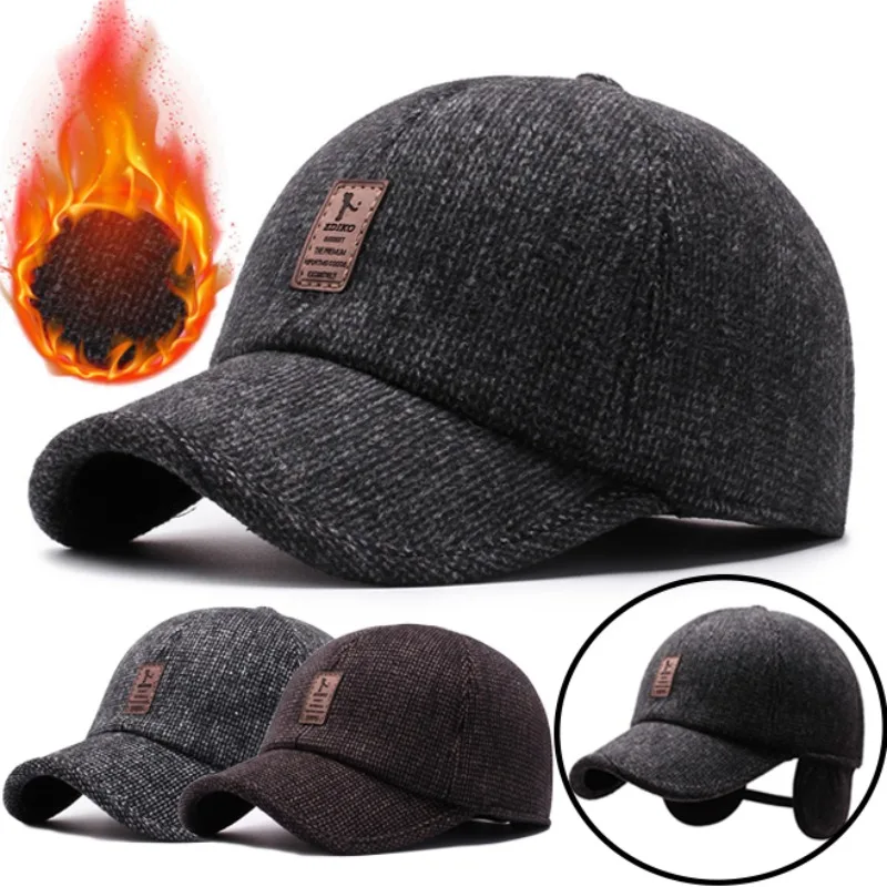 

New Winter Hats for Men Woolen Knitted Autumn Winter Ear Cover Baseball Caps Thickened Warm Hat with Earflaps Solid Snapback Cap