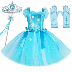 Glittery Princess Elsa Tutu Dress for Girls Birthday Party Dresses Ball Gown Snow Queen Cosplay Kids Christmas Halloween Costume