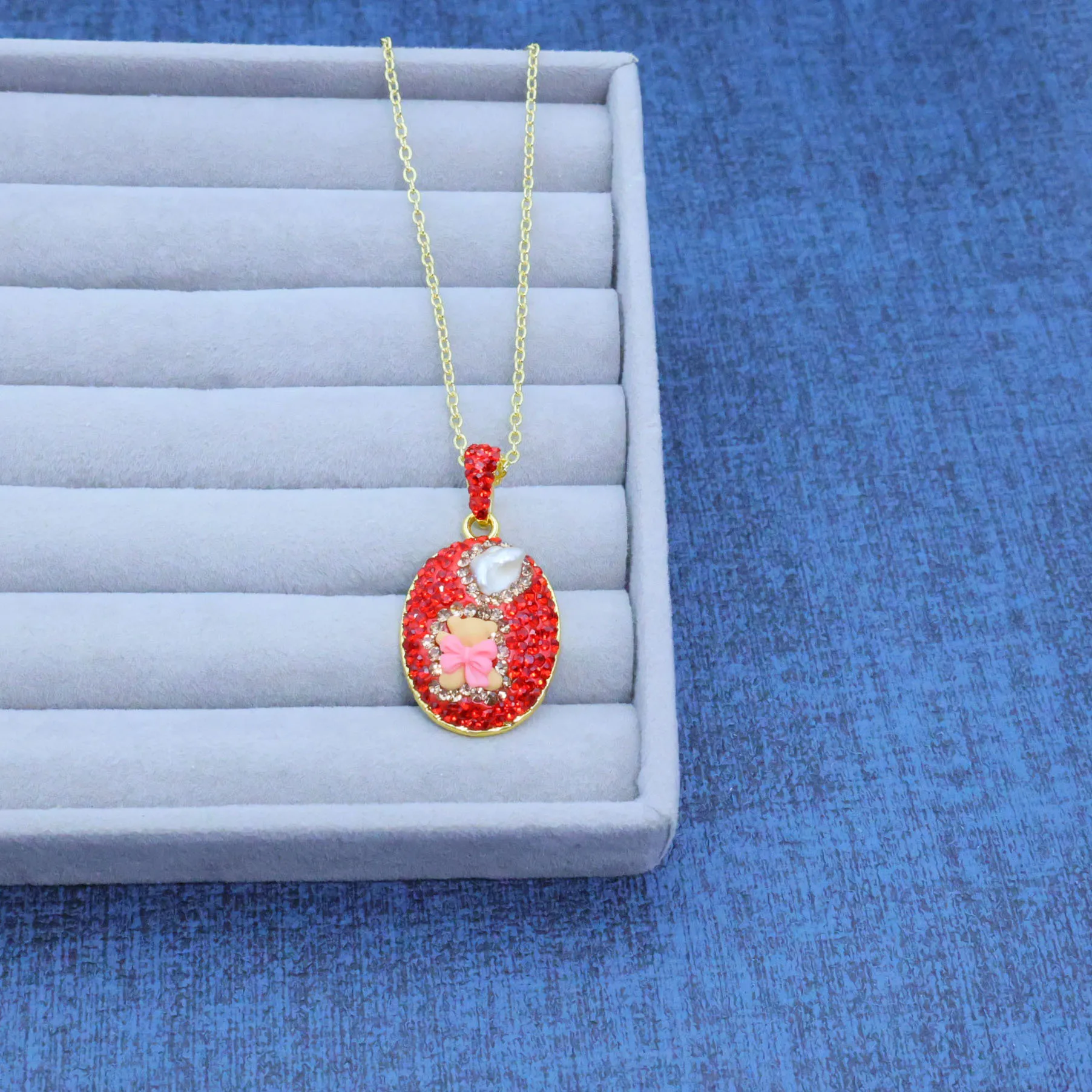 DIY accessories New style sweet and cute bow natural pearl red crystal jewelry DIY three-piece set earrings necklace ring