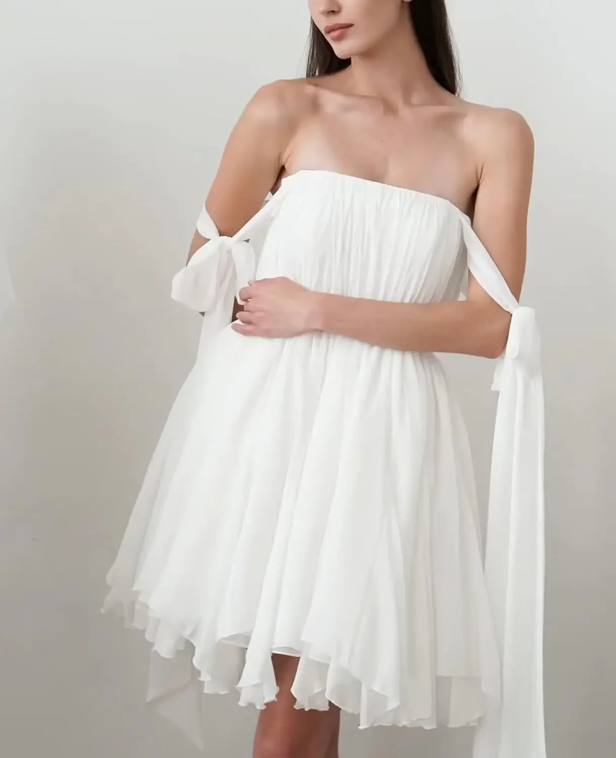 Bridesmaids Dresses Women's Chiffon Shoulder Strap Wedding Dresses for Bride with Bow Mini Formal Dress A Line Engagement Dress