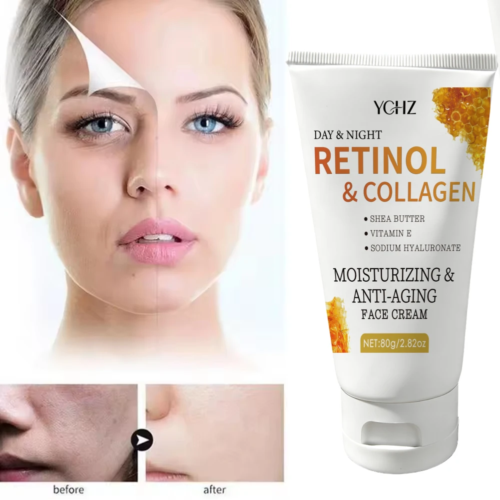 Crema Facial Antienvejecimiento con Retinol: Crema Antiarrugas para Rostro y Cuello, Contiene Colágeno y Ácido Hialurónico - Humectante Nocturno para Hombres y Mujeres - 80g