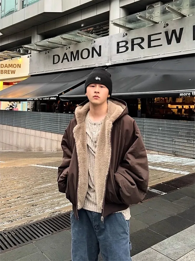 

Карамельное двустороннее носимое куртка из искусственной норки с капюшоном для мужчин, зимнее пальто, теплая хлопковая одежда в стиле ретро