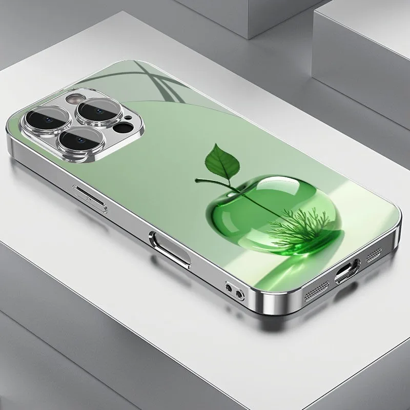 

Luxury Green Crystal For Apple Pattern Glass Electroplated Case For iPhone 17 16 15 14 13 12 11 Pro Max Plus 16E 17Air Cover