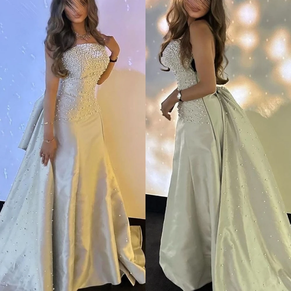 Vestido de noche de satén exquisito personalizado, elegante, sin mangas, vestidos de graduación, perlas de alta calidad, vestidos para ocasiones especiales