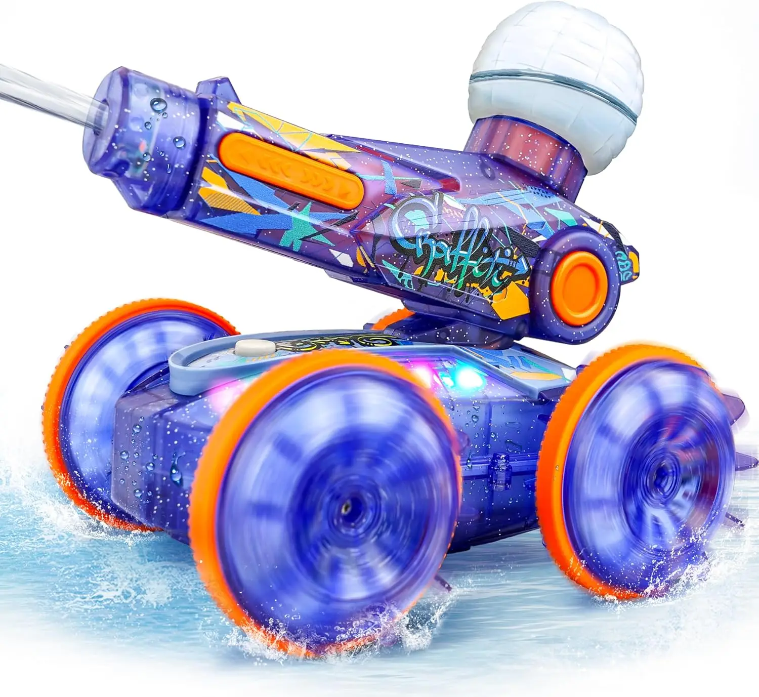 

Амфибийная машинка-лодка на радиоуправлении для детей 6-12 лет, с водяным пистолетом и подсветкой, синяя