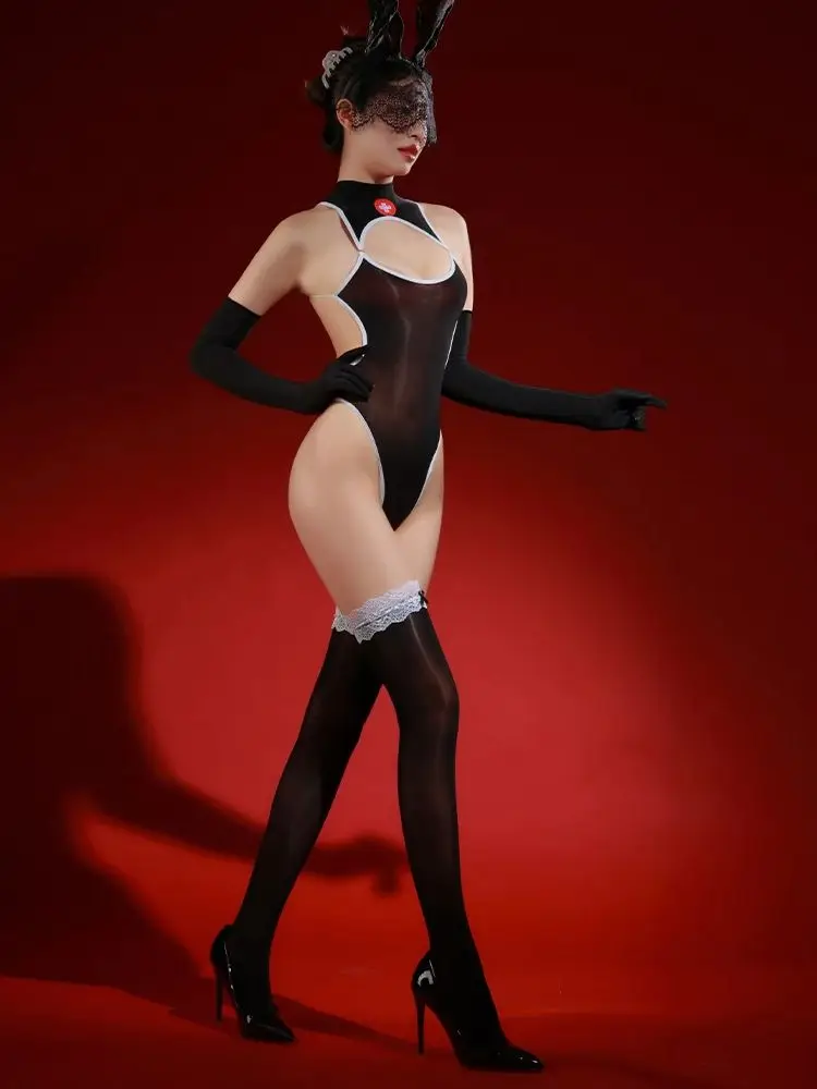 Rückenfreier Nylon-Badeanzug, hoch geschnittener Body, Handschuhe, Strümpfe, Cosplay-Outfit, Strumpfhosen, transparent, sexy Clubwear, Body, Teddies, Dessous