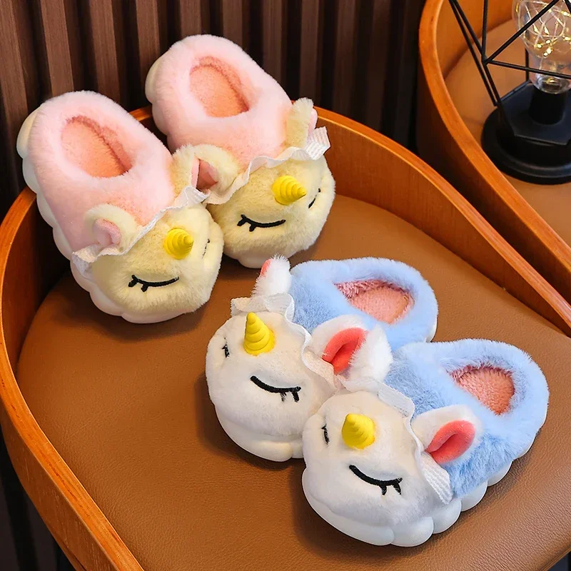 New Winter Kids Cotton Slippers Cartoon Unicorn Children\'s Indoor Slides Non-Slip Platform Girls And Boys Warm Plush House Shoes