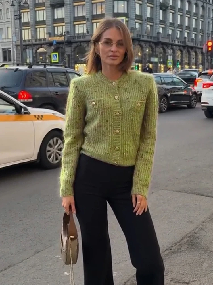 Fashion Lady Knitwear Round Collar Long Sleeve Single Breasted Pockets Female Coat Chic Women Streetwear 2026 Autumn New