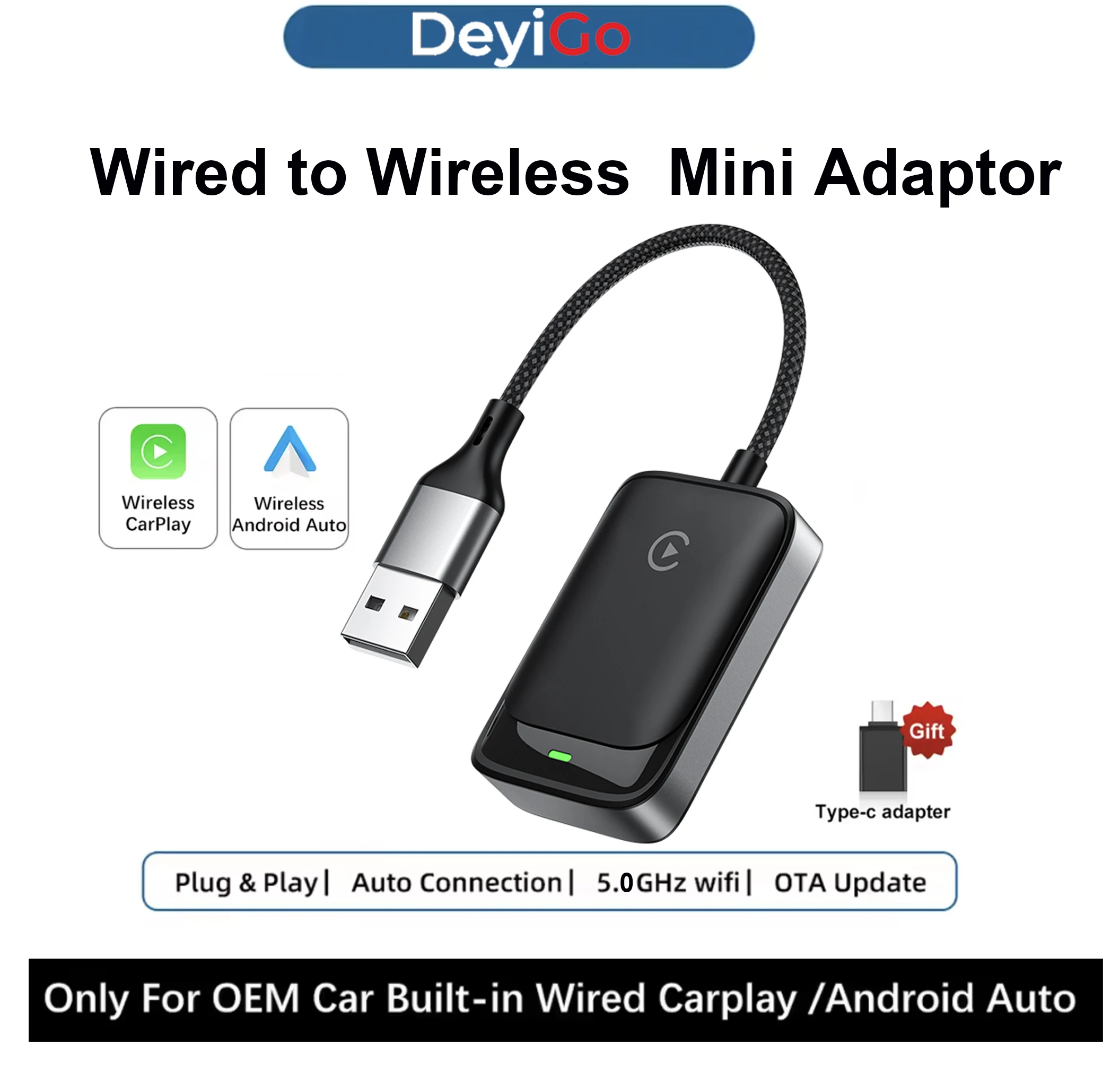 Hot Car Wired to Wireless Carplay Dongle Android Auto Adapter For Toyota Honda Peugeot Fiat Jeep Volvo Volkswagen Hyundai Kia
