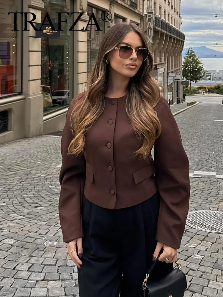 TRAFZA Fashion Retro Woman Solid Brown Jacket Women Chic Tops Long Sleeve Single Breasted O-Neck Pocket Casual Loose Short Coat