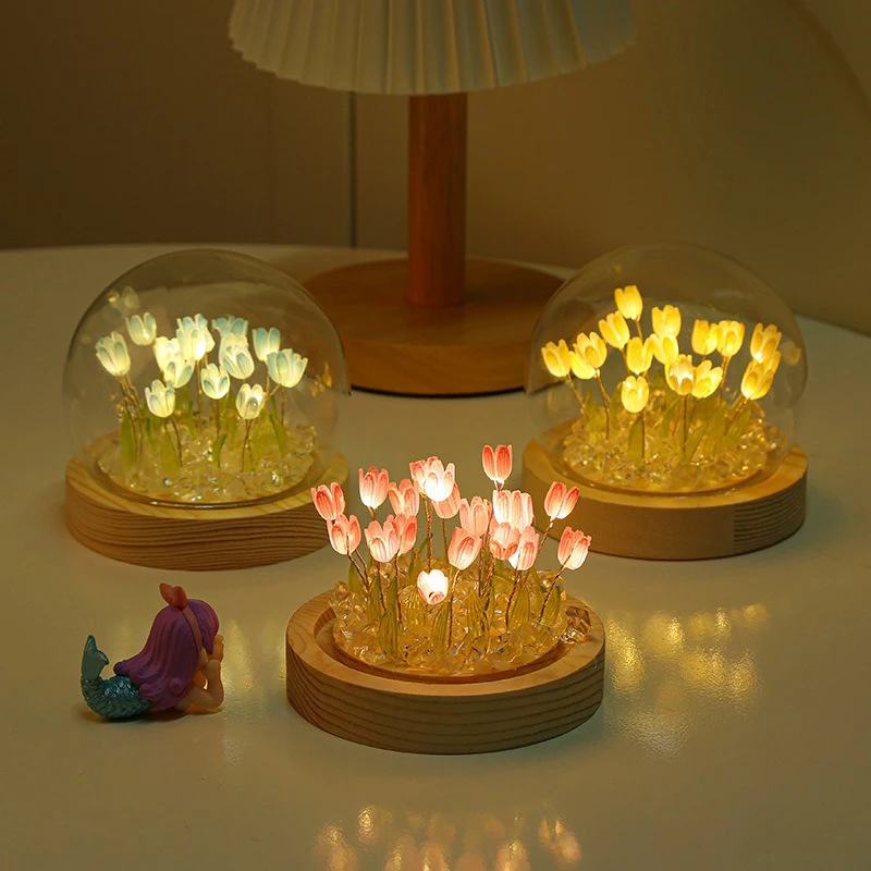 Artificial Tulip Flower Night Light Ornaments Handmade DIY Bedside LED Night Lamp Bedroom Desk Decor Birthday Gifts Table Lamp