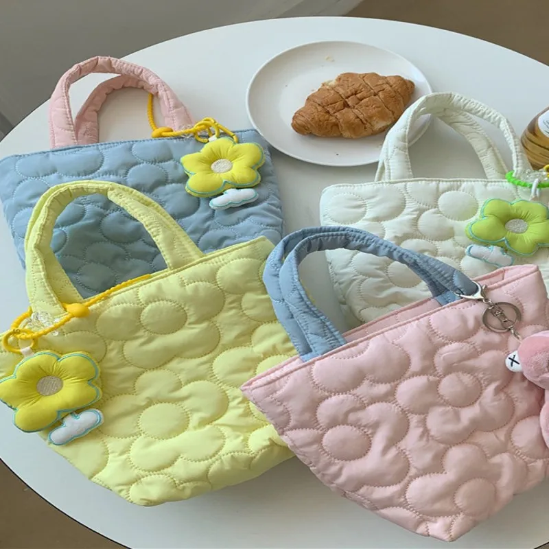 Macaron colored floral quilted portable tote bag, lunch box bag, fashionable women's casual daily shopping storage handbag