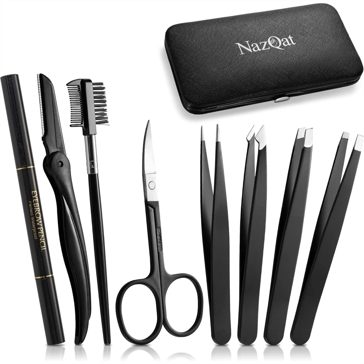 AliExpress – 8-in-1 Eyebrow Grooming Kit with 4 Precision Tweezers, Razor, Scissors, Brush & Pencil – Stainless Steel Tools in Padded Case