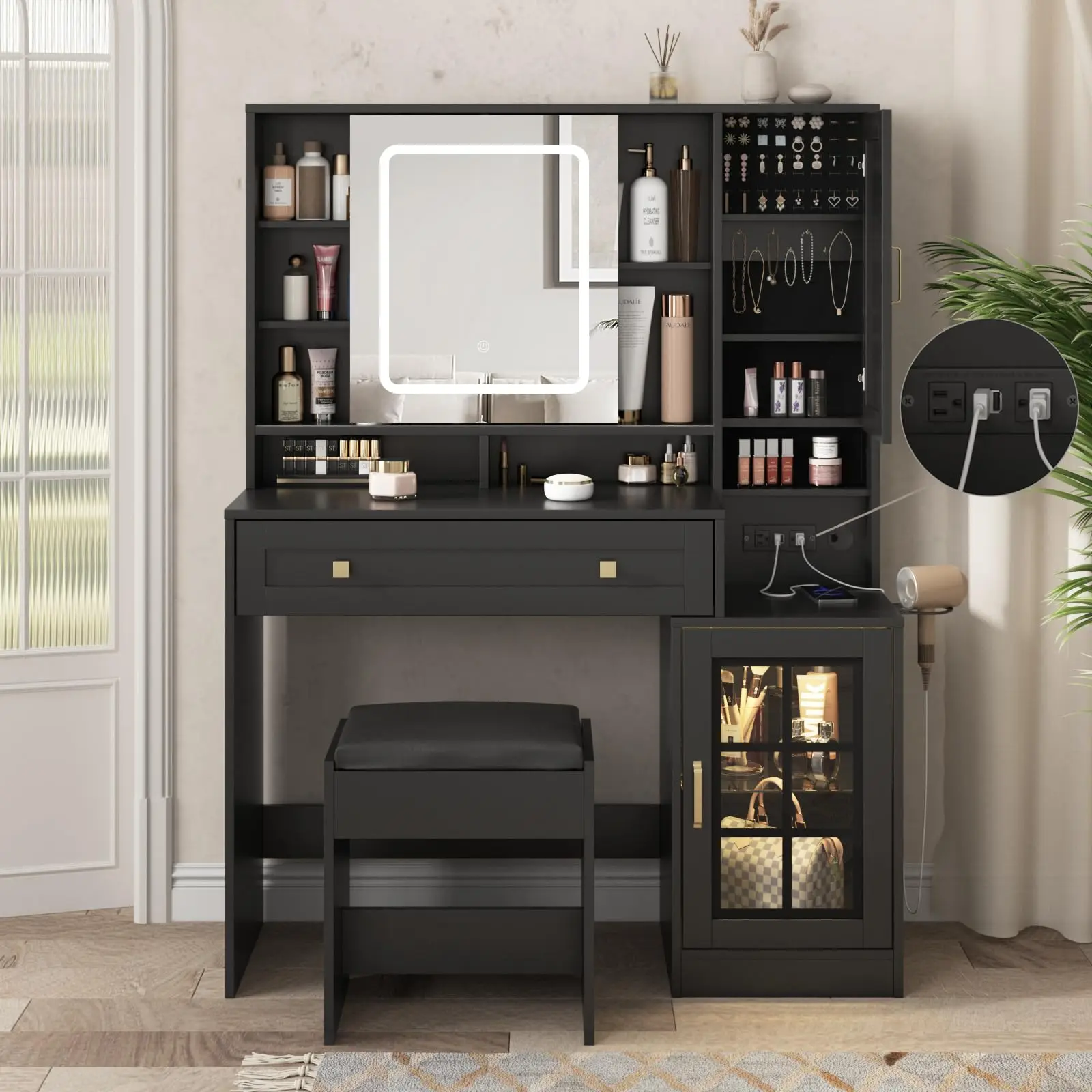 Vabches Makeup Vanity Desk with Sliding Mirror & Lights Dressing Table with Visual Storage Cabinet Vanity Set Bedroom Furniture