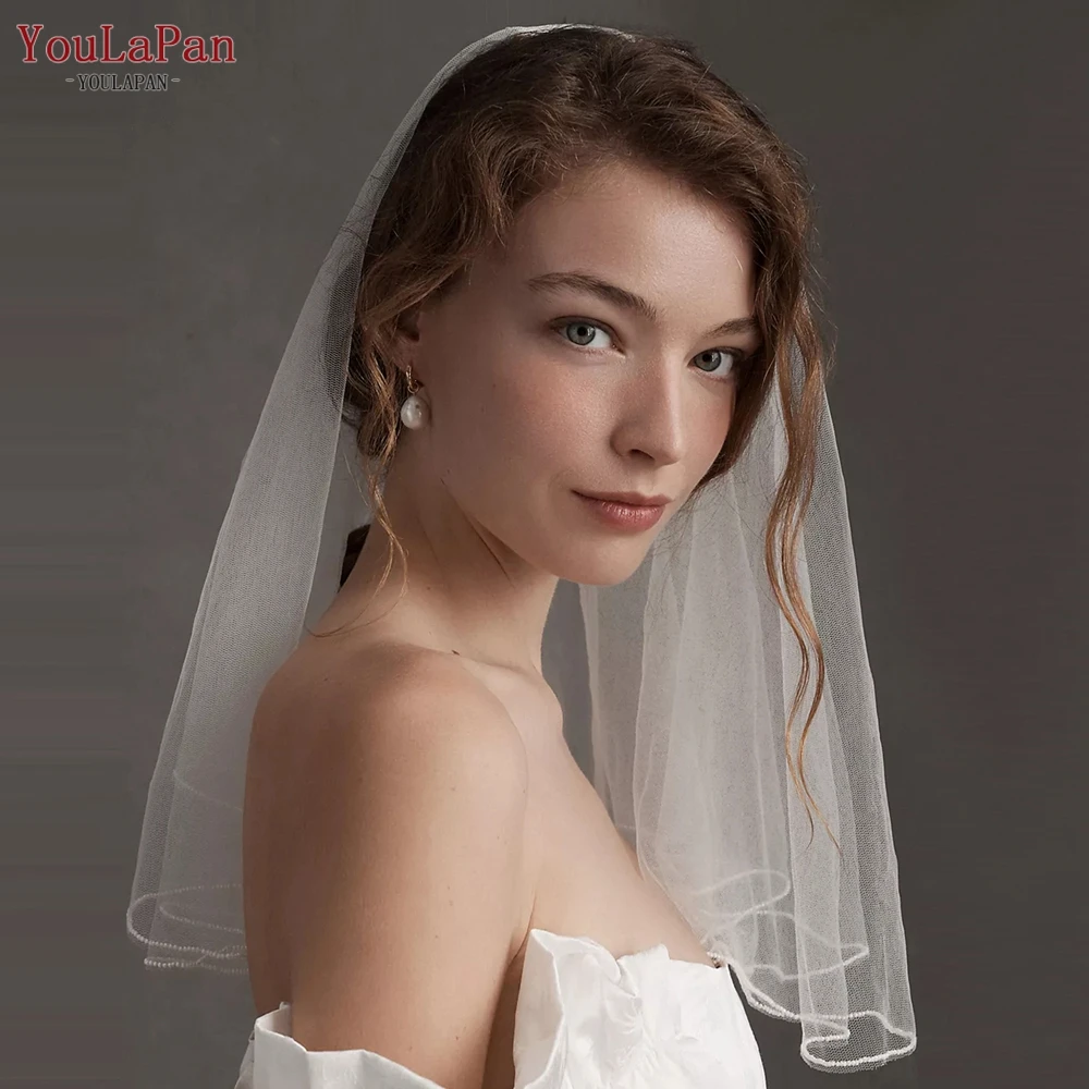 YouLaPan V173 Wedding Veil with Pearls Edge Shoulder Length Bridal Veil with Partial Trim 2 Tier Beaded Edge Veil for Girl First