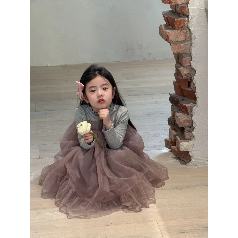 

Children shirt2025Spring New Korean Style Girls' Strap Dress Children's Fashionable Puffy Dress Layered Princess Dress