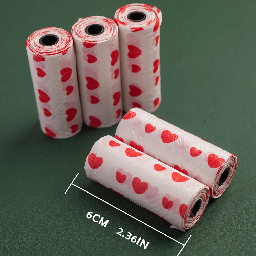 5 rollos/paquete de bolsas para excrementos de perros a prueba de fugas con estampado de corazón, bolsas desechables para residuos limpios al aire libre para cachorros, suministros para mascotas, productos para perros