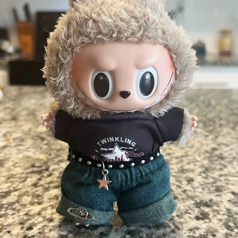For Labubu Clothes For 15/17cm V1V2V3 Plush Idol Doll Hip Hop T-Shirt Pants Necklace 3PCS/Pack Decoration Accessories Fans Gift