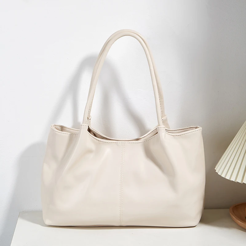 

2025 Soft Leather Shoulder Bag; Large Bag for Women; Portable Tote Bag; Black Pleated; Daily Commuting Bag