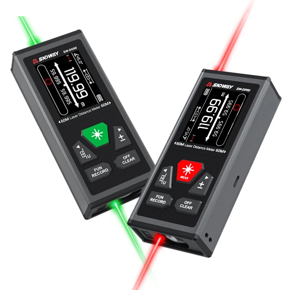 SNDWAY SW-DR60 DR100 DG60 DG100 Bidirectional Laser Distance Meter Dual Laser Rangefinder 2 Way Range Finder with Data Storage