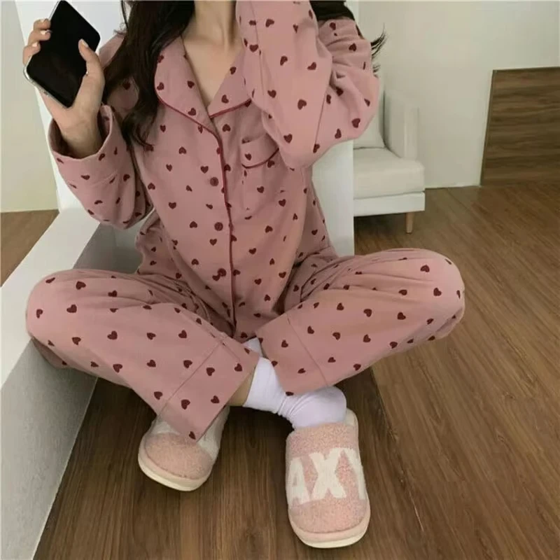 Large Size Sexy Nightwear Women Sleepwear Autumn and Winter Cardigan Home Wear Peach Heart Long Sleeves School Silk Pajamas