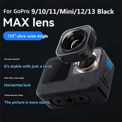 Max Lens Mod 광각 방수 렌즈 155 °   Gopro Hero 12 11 10 9 카메라용 와이드 뷰(흔들림 방지 지원 5M 포함)