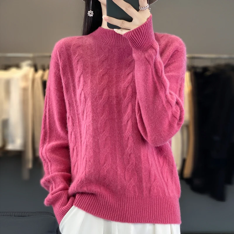 Fall/Winter 2023 New 100% Merino Wool Women\'s Semi-high Neck Solid Color Long Sleeve Sweater Knitted Pullover Leisure