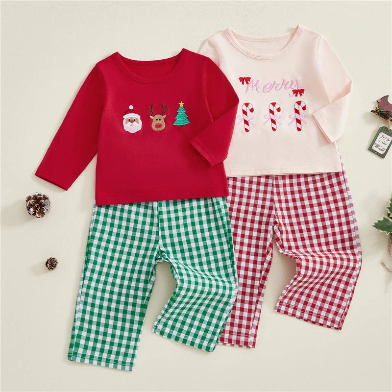أطفال طفل الفتيات الفتيان 2 قطعة ملابس عيد الميلاد طويلة الأكمام التطريز قمم وسراويل منقوشة مجموعة طفل الأطفال الملابس الشتوية #1