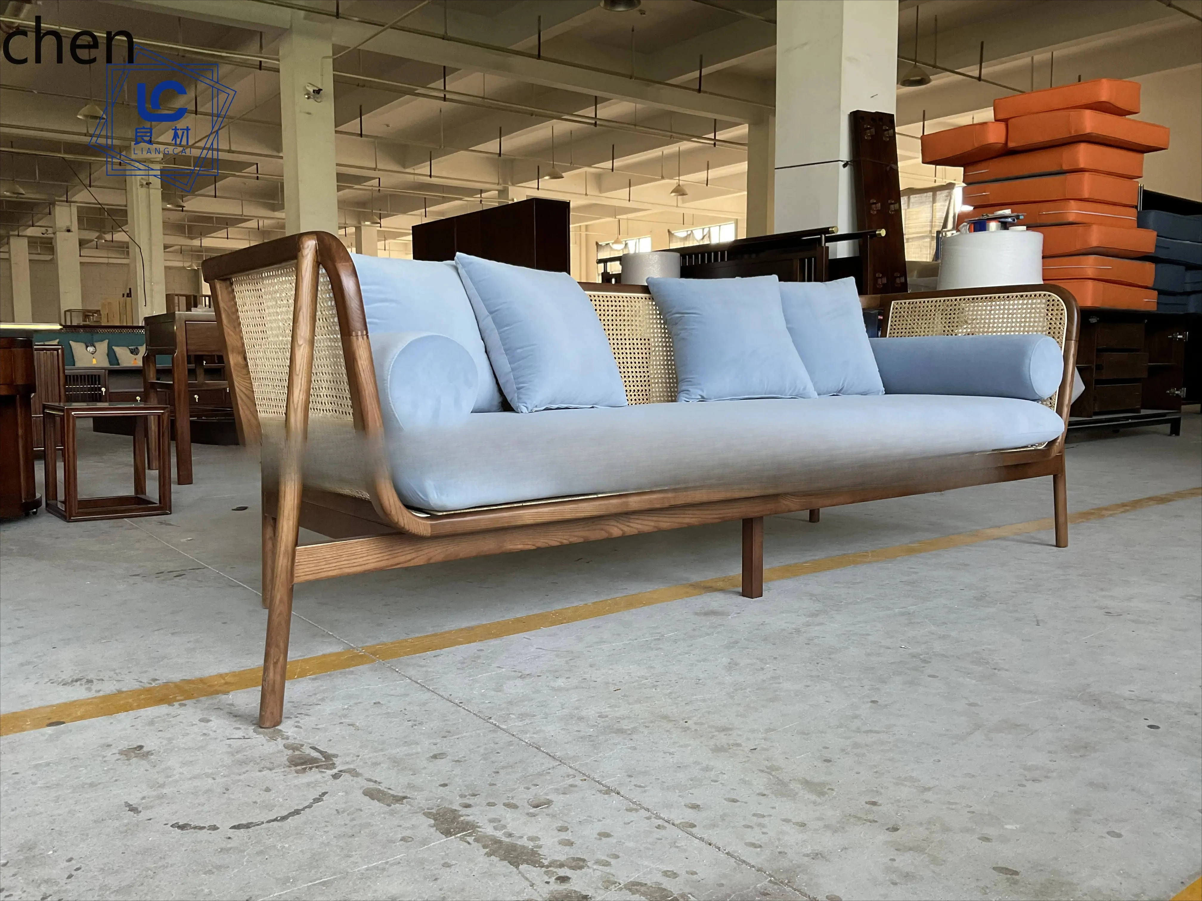 n1 lobby lounge area, simple wabi-sabi wind solid wood rattan three-person meeting leisure sofa