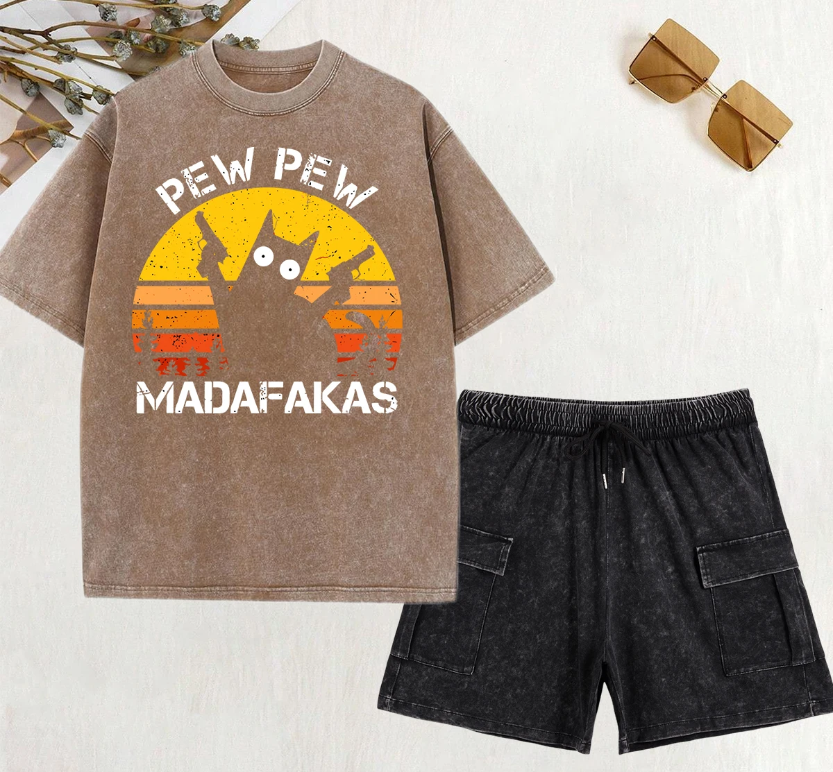 

Pew Pew Madafakas Cat With Two Guns Print Washed Shorts Set Women Cotton O-Neck T Shirts Street Oversize T-Shirt Y2K Short Pants