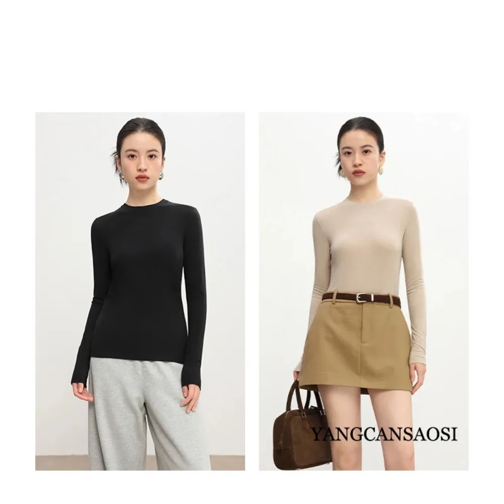 ملابس نسائية أوائل الربيع ناعمة خفيفة ورقيقة 30% صوف خفيفة الوزن ورقبة دائرية وأكمام طويلة بقصة ضيقة سترة قاع صلبة
