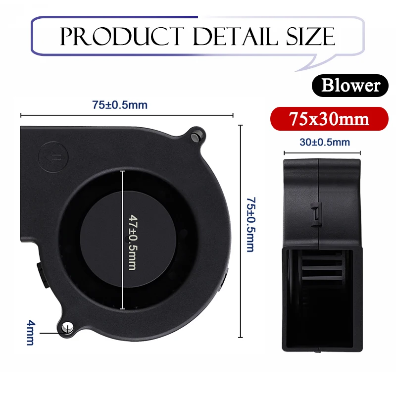 Gsie Time-Ventilateur soufflant de refroidissement DC, 5V, 12V, 24V, 2 broches, 75x75x30mm, Turbo radial 7530, 70mm, 7530